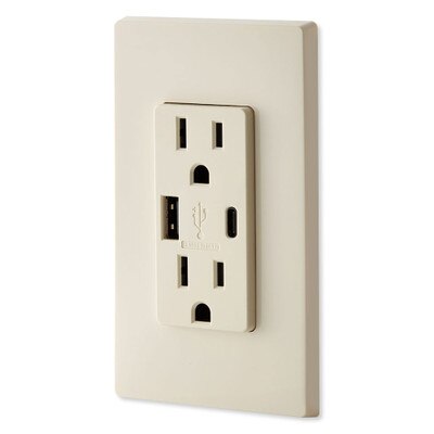 Leviton Decora USB Type-A/Type-C Wall Outlet Charger, 15A, Light Almond